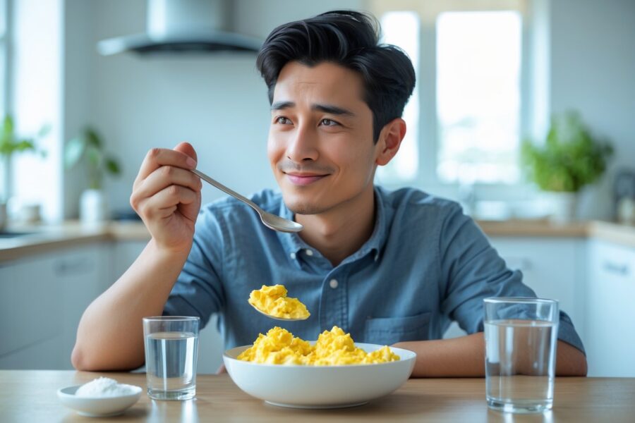Pessoa jovem sentada à mesa da cozinha, segurando uma colher com uma tigela de ovos mexidos na frente, parecendo pensativa.