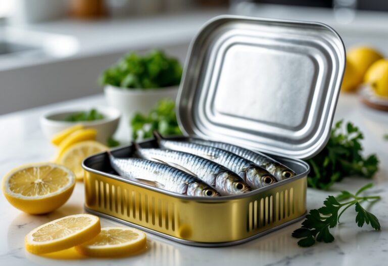 Lata aberta de sardinhas em uma bancada de cozinha com fatias de limão e ervas frescas ao redor.
