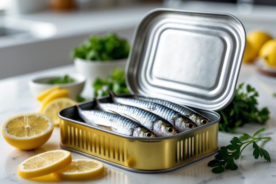 Lata aberta de sardinhas em uma bancada de cozinha com fatias de limão e ervas frescas ao redor.