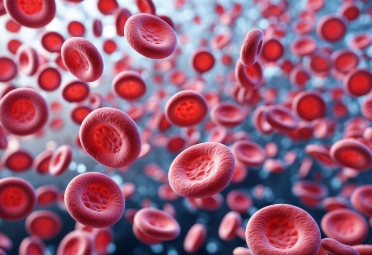 Close-up de muitas células vermelhas do sangue agrupadas, mostrando alta concentração de eritrócitos.