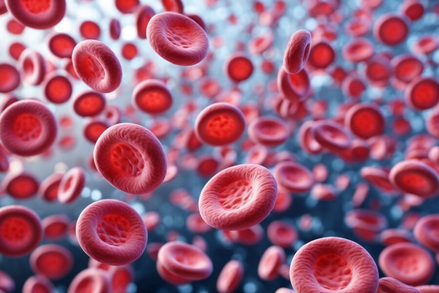 Close-up de muitas células vermelhas do sangue agrupadas, mostrando alta concentração de eritrócitos.