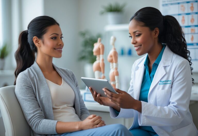 Paciente mulher conversando com médica em consultório médico moderno e acolhedor.
