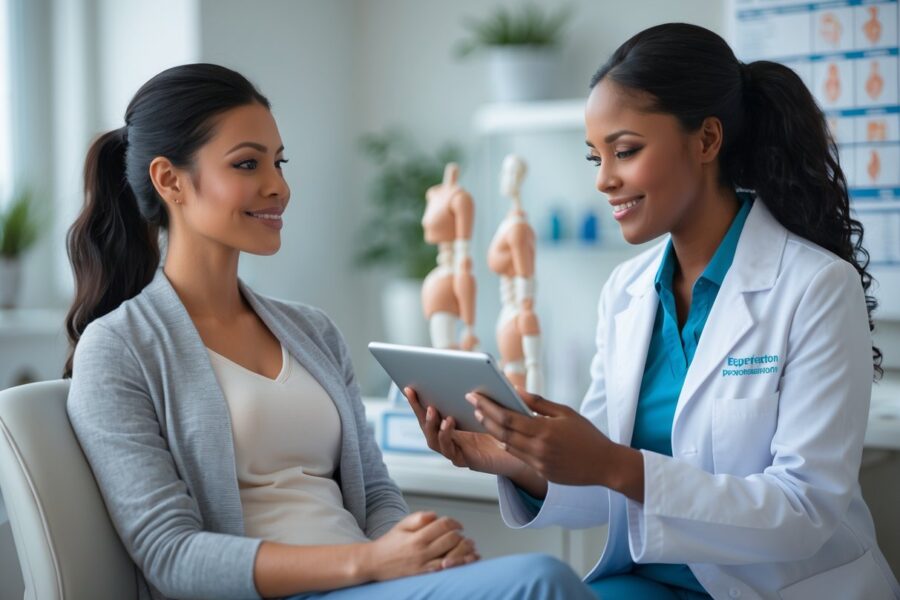Paciente mulher conversando com médica em consultório médico moderno e acolhedor.