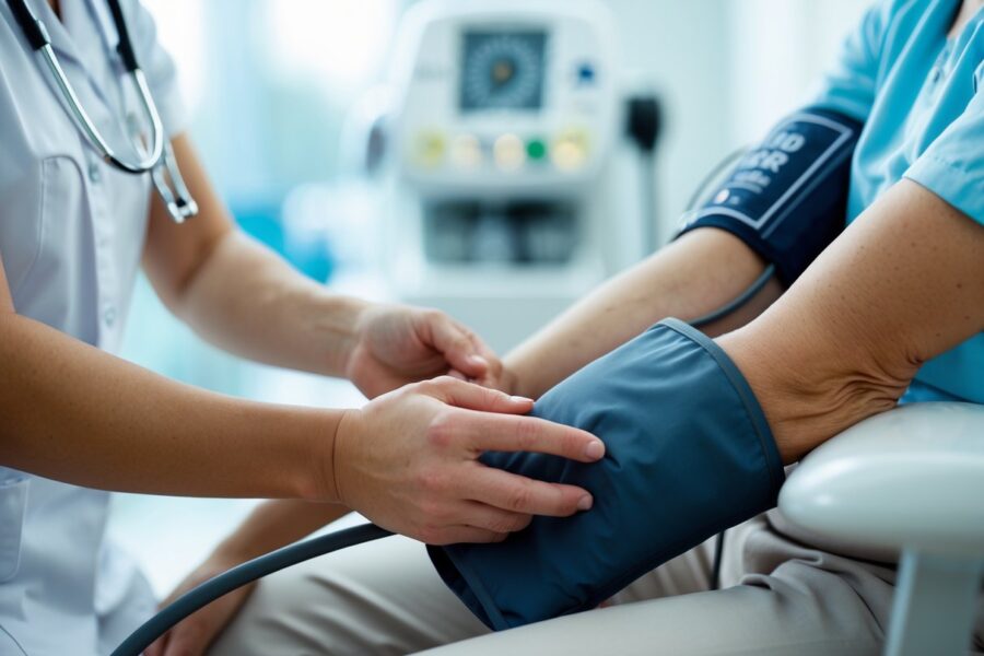 Profissional de saúde medindo a pressão arterial de um paciente em uma clínica.
