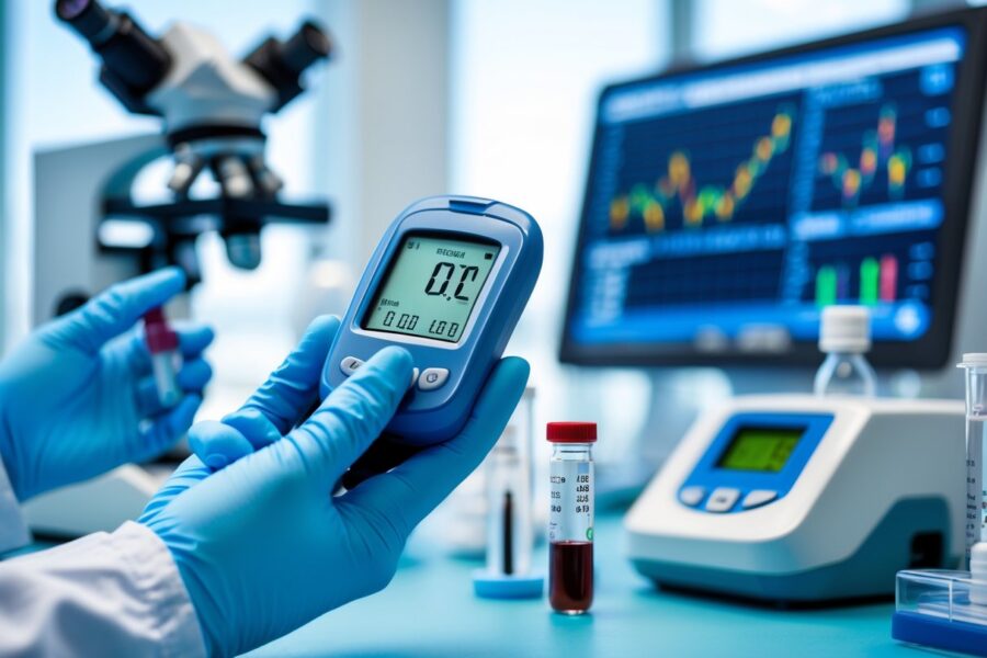 Mãos de profissional de saúde segurando um frasco de sangue e um medidor digital de glicose em um laboratório médico.