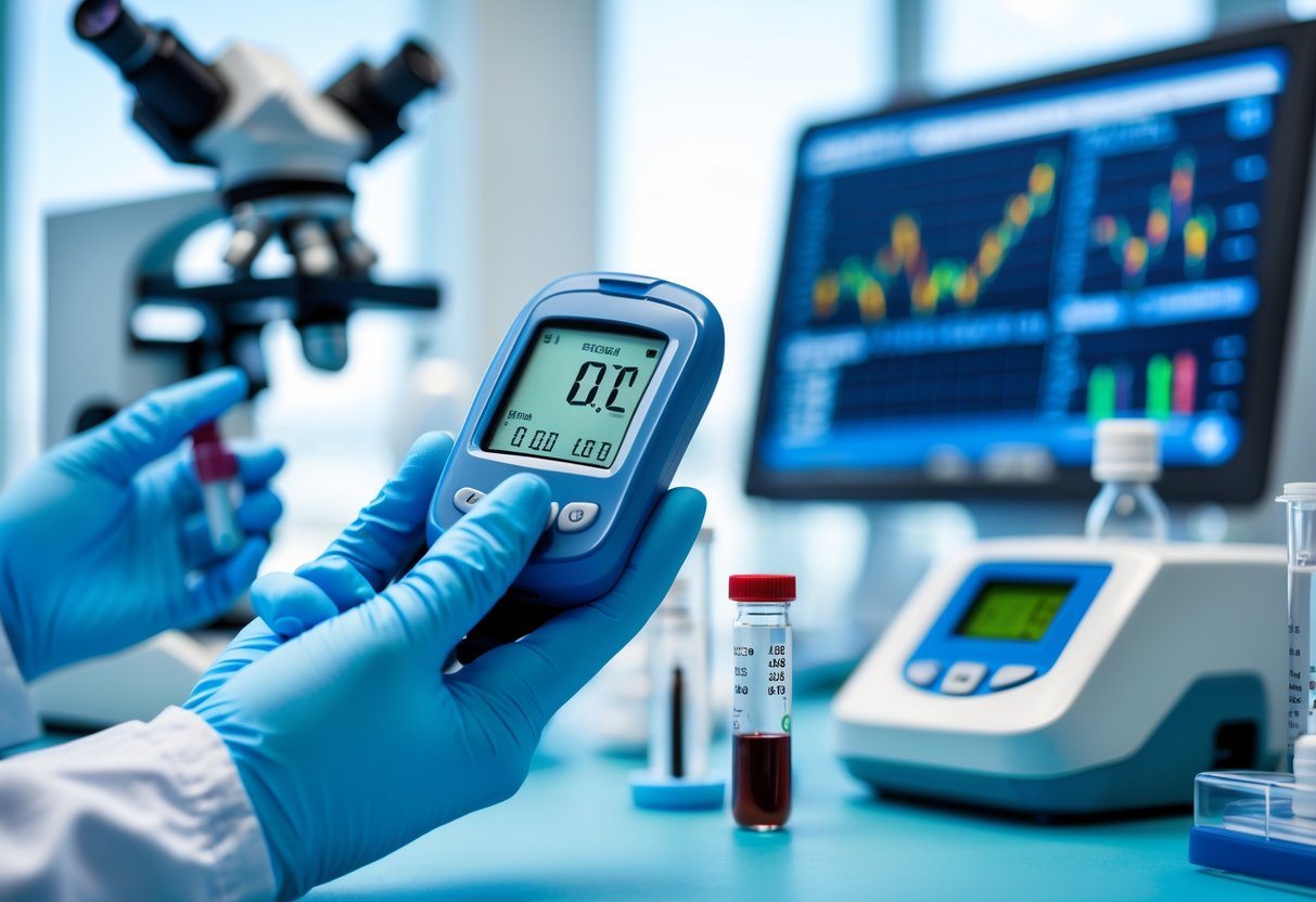 Mãos de profissional de saúde segurando um frasco de sangue e um medidor digital de glicose em um laboratório médico.