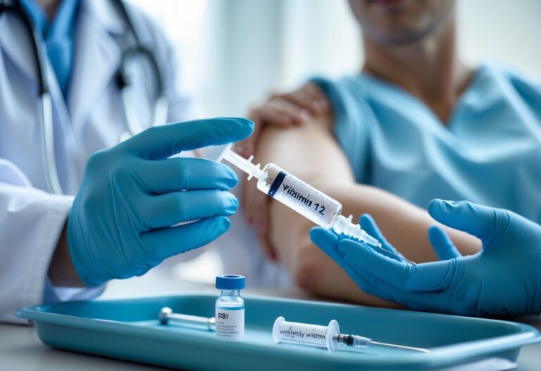 Profissional de saúde segurando uma seringa para aplicação de vitamina B12 no braço de um paciente em ambiente clínico.