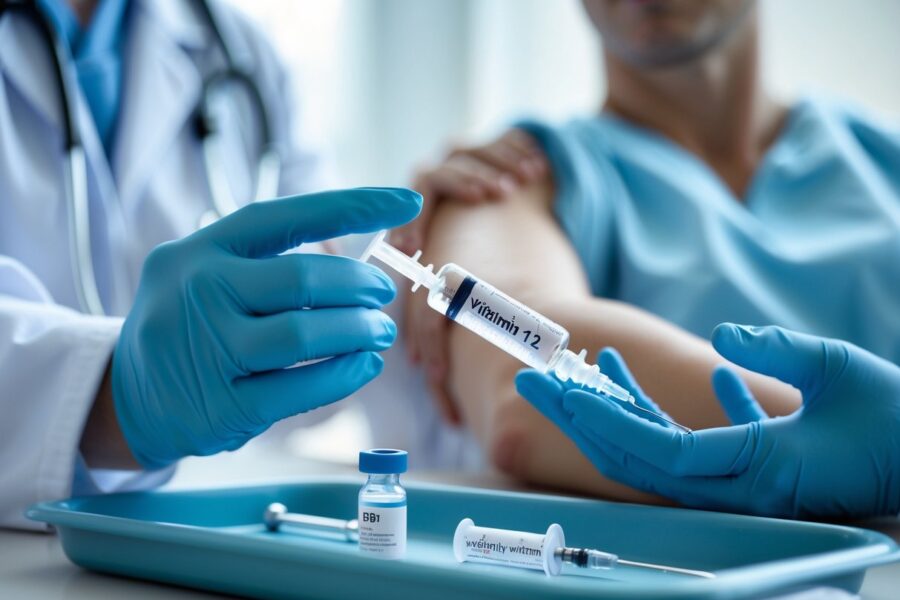 Profissional de saúde segurando uma seringa para aplicação de vitamina B12 no braço de um paciente em ambiente clínico.