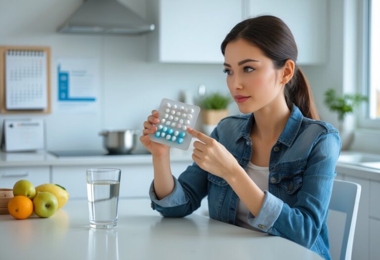 Mulher jovem sentada à mesa segurando uma cartela de anticoncepcionais e um copo de água, olhando pensativa para os comprimidos em uma cozinha moderna.