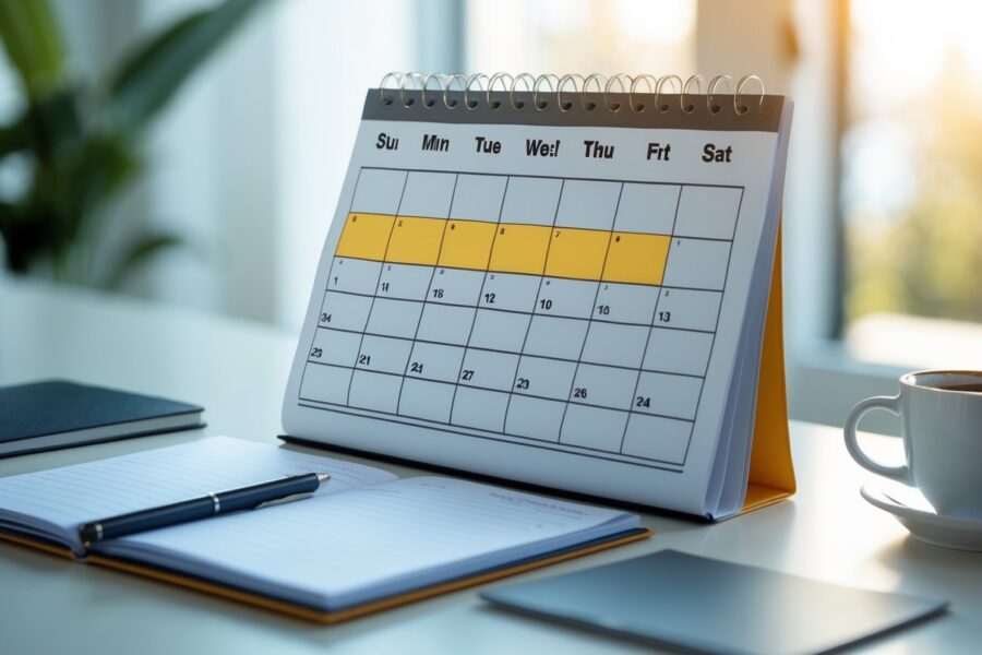 Mesa de trabalho com um calendário aberto mostrando seis semanas destacadas, um caderno com caneta e uma xícara de café, iluminados por luz natural.