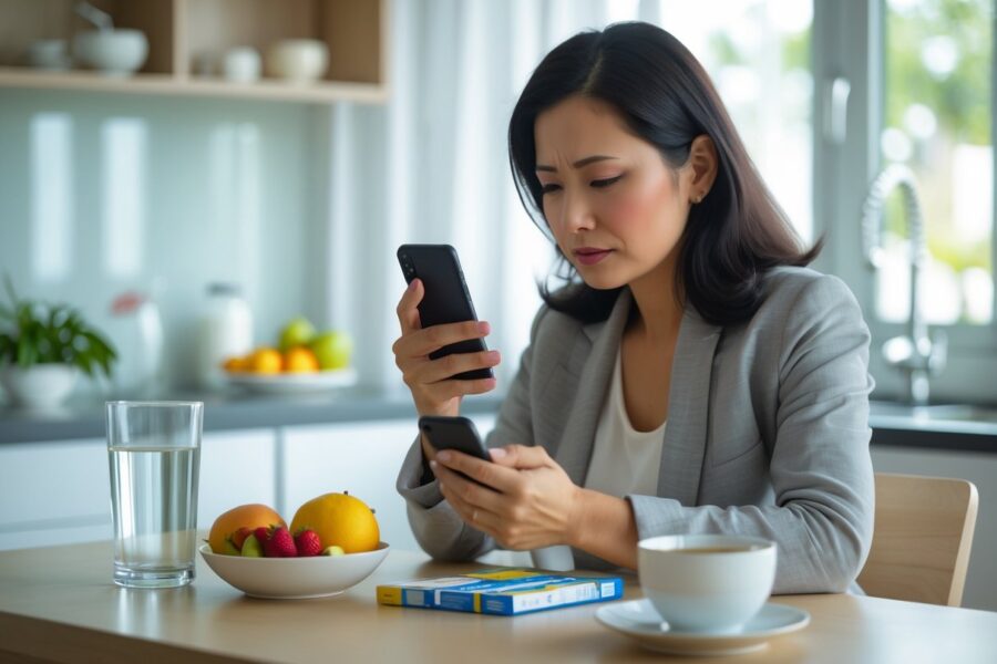 Mulher preocupada sentada à mesa da cozinha segurando um copo de água e uma caixa de remédio para alergia, olhando para um celular.