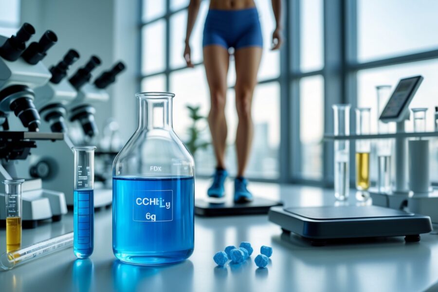Laboratório moderno com equipamentos científicos e uma pessoa em roupa esportiva pesando-se em uma balança digital.