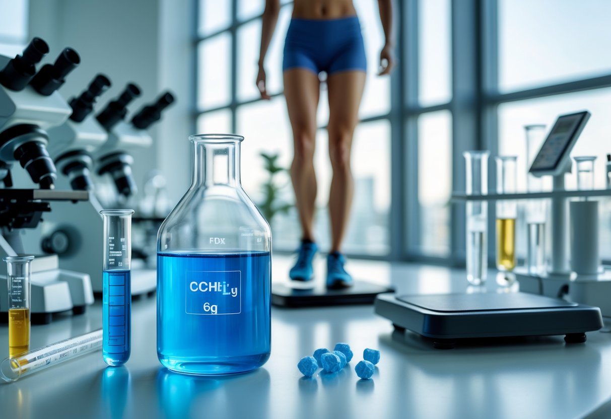 Laboratório moderno com equipamentos científicos e uma pessoa em roupa esportiva pesando-se em uma balança digital.