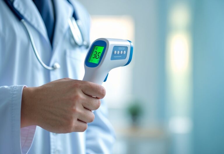 Pessoa segurando um termômetro digital mostrando temperatura de 35,5 graus Celsius em ambiente médico.