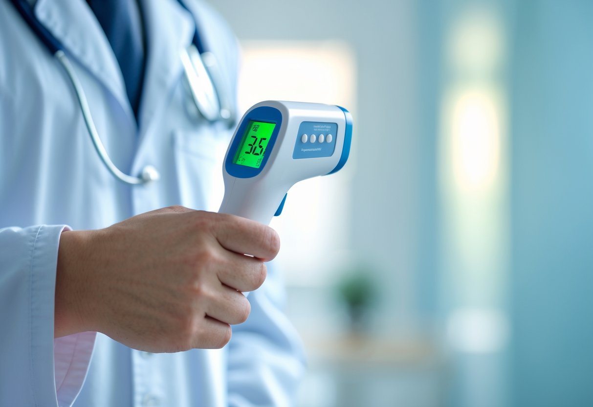 Pessoa segurando um termômetro digital mostrando temperatura de 35,5 graus Celsius em ambiente médico.