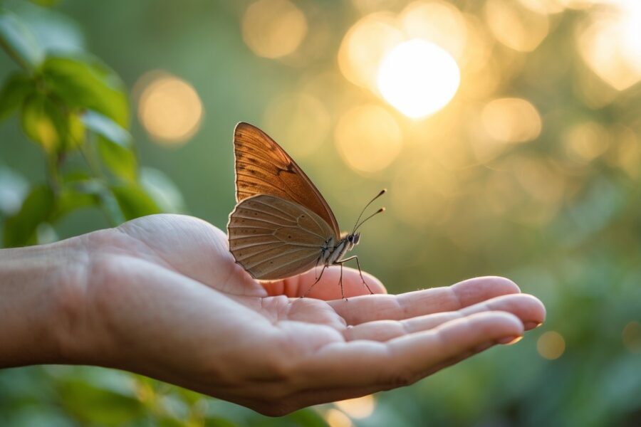 Uma borboleta marrom pousada delicadamente na mão estendida de uma pessoa em um ambiente ao ar livre com luz suave e folhagem verde ao fundo.