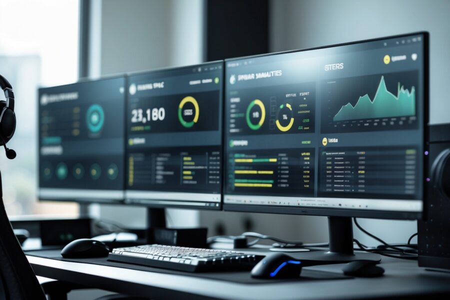 Um ambiente de trabalho moderno com computador mostrando gráficos e estatísticas de jogos, focado em análise de desempenho de jogadores de Valorant.