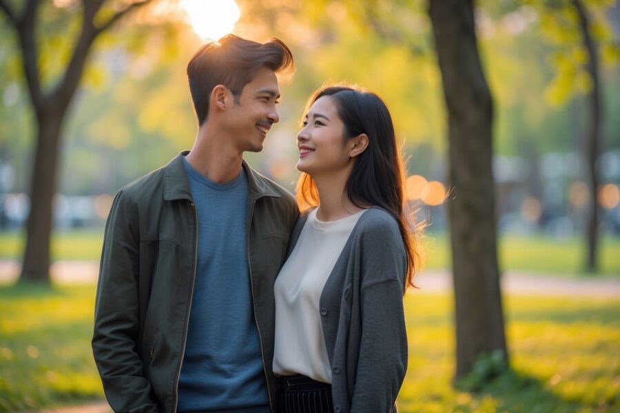 Um casal jovem sorrindo e se olhando em um parque urbano com árvores e luz do sol ao fundo.