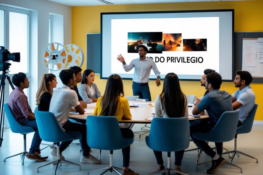 Grupo de jovens em uma sala moderna discutindo um filme, com uma pessoa apresentando para os demais, em um ambiente de análise cinematográfica.