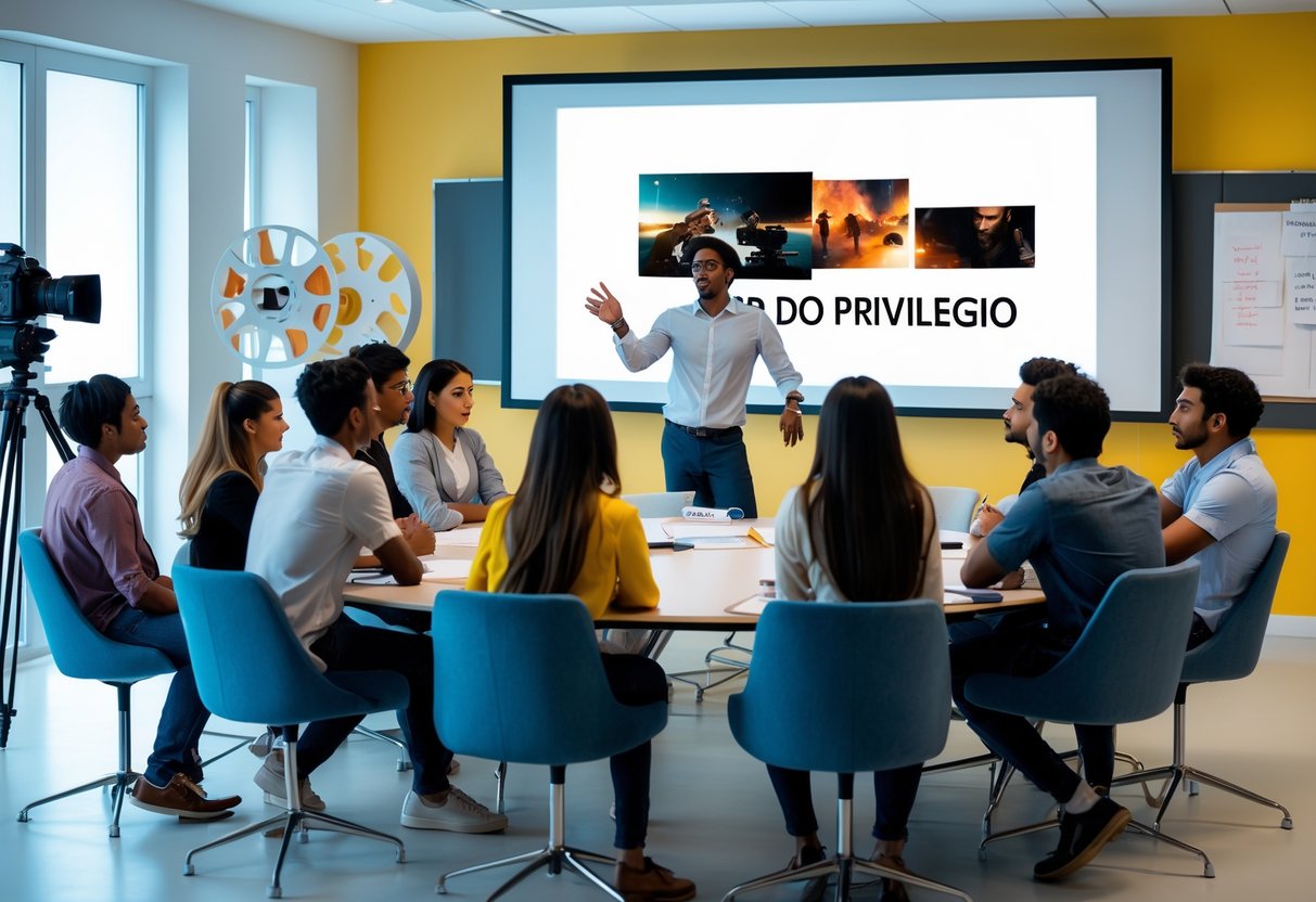 Grupo de jovens em uma sala moderna discutindo um filme, com uma pessoa apresentando para os demais, em um ambiente de análise cinematográfica.