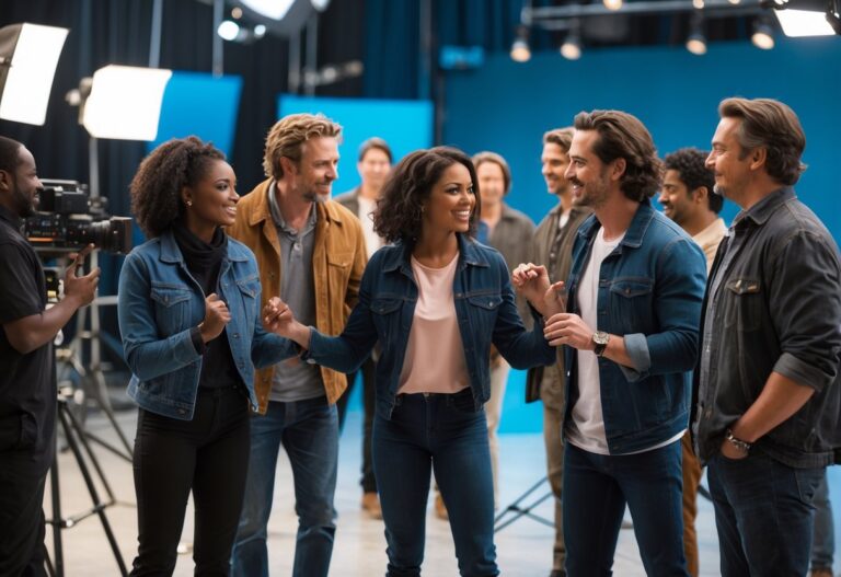 Grupo de atores em um set de filmagem, interagindo durante uma cena de filme.
