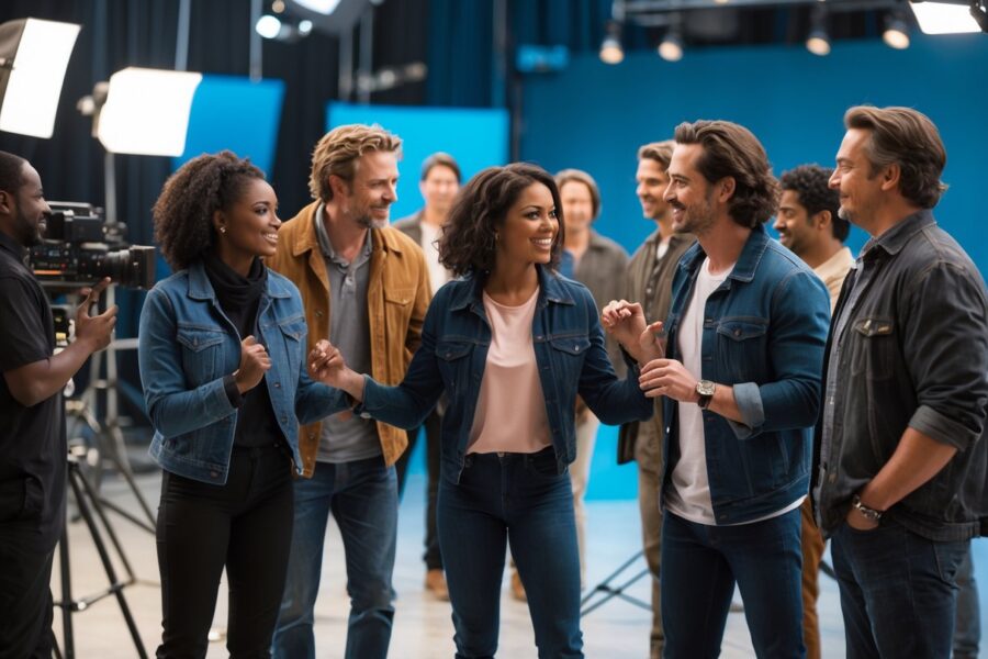 Grupo de atores em um set de filmagem, interagindo durante uma cena de filme.