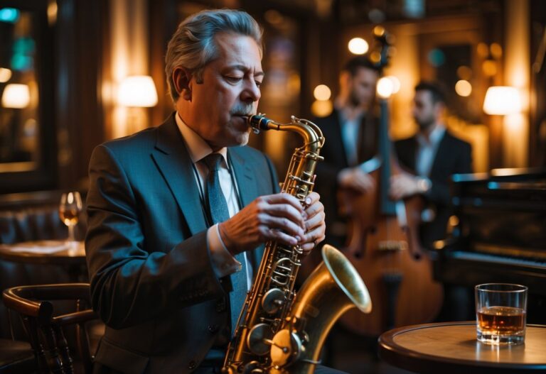 Homem tocando saxofone vintage em um clube de jazz com banda ao fundo e iluminação suave.
