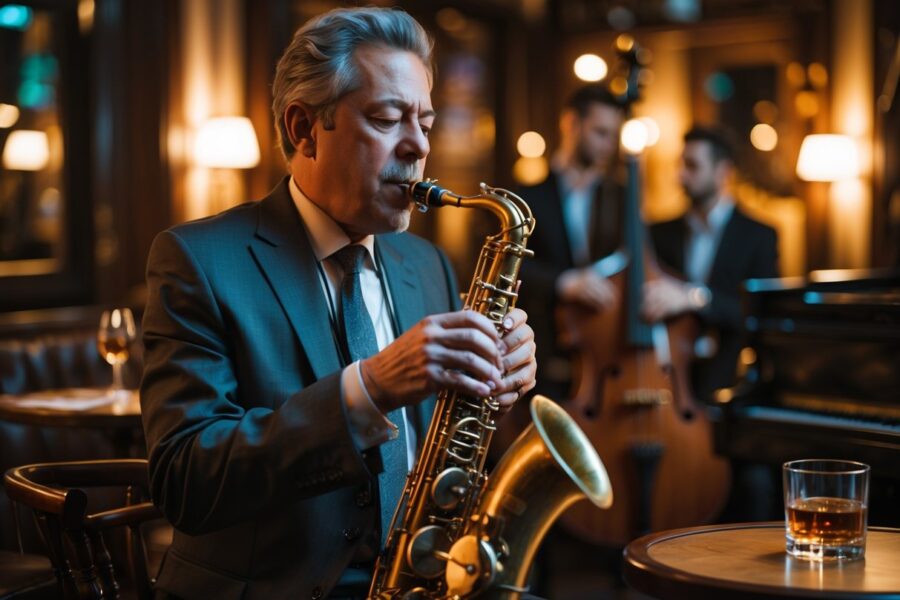 Homem tocando saxofone vintage em um clube de jazz com banda ao fundo e iluminação suave.