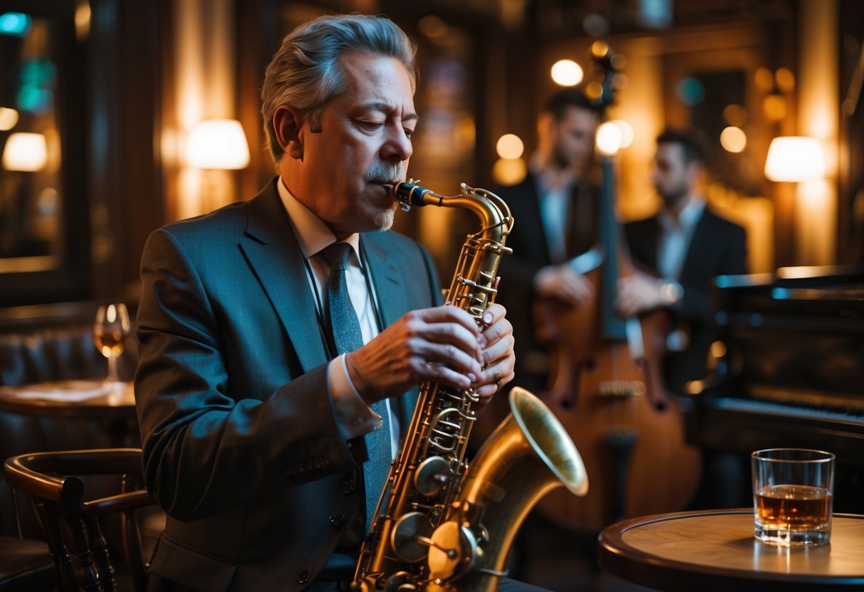 Homem tocando saxofone vintage em um clube de jazz com banda ao fundo e iluminação suave.