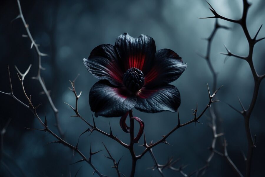 Uma flor escura e misteriosa com pétalas vermelhas e pretas em um fundo desfocado e sombrio.