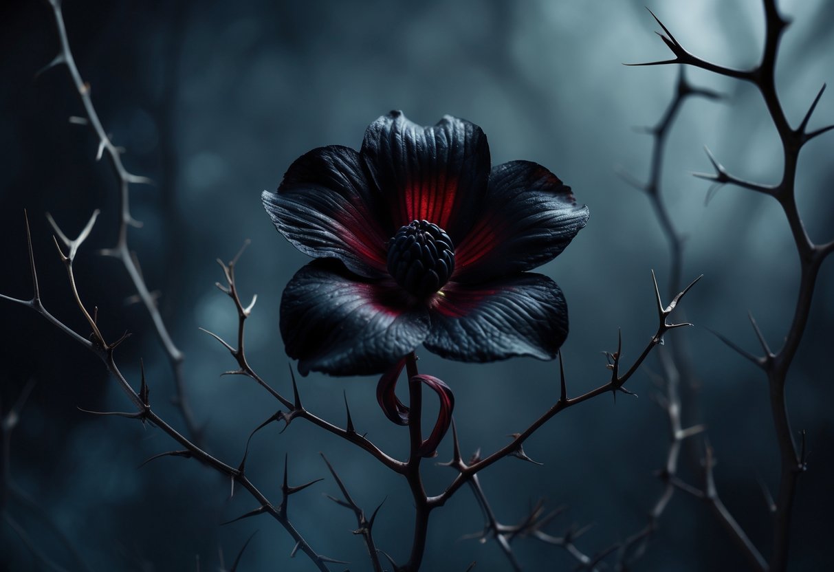 Uma flor escura e misteriosa com pétalas vermelhas e pretas em um fundo desfocado e sombrio.