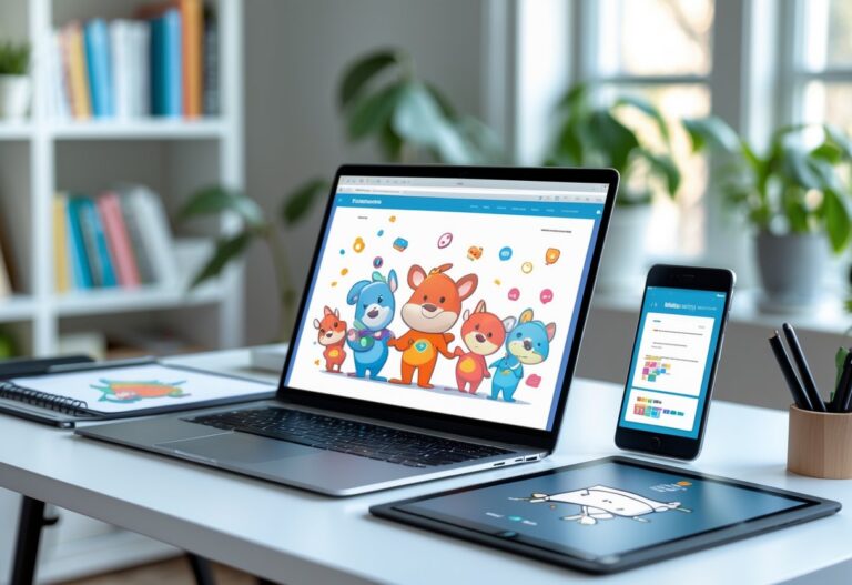 Mesa de trabalho moderna com laptop mostrando personagens animados, tablet gráfico, caderno de desenhos e smartphone, em ambiente iluminado e organizado.