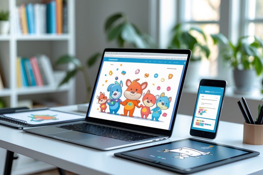 Mesa de trabalho moderna com laptop mostrando personagens animados, tablet gráfico, caderno de desenhos e smartphone, em ambiente iluminado e organizado.