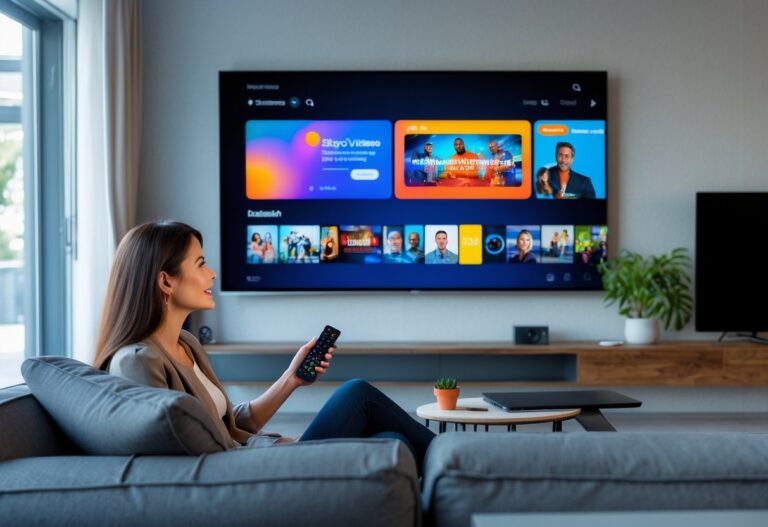 Mulher sentada em um sofá em uma sala de estar moderna assistindo TV com controle remoto na mão.
