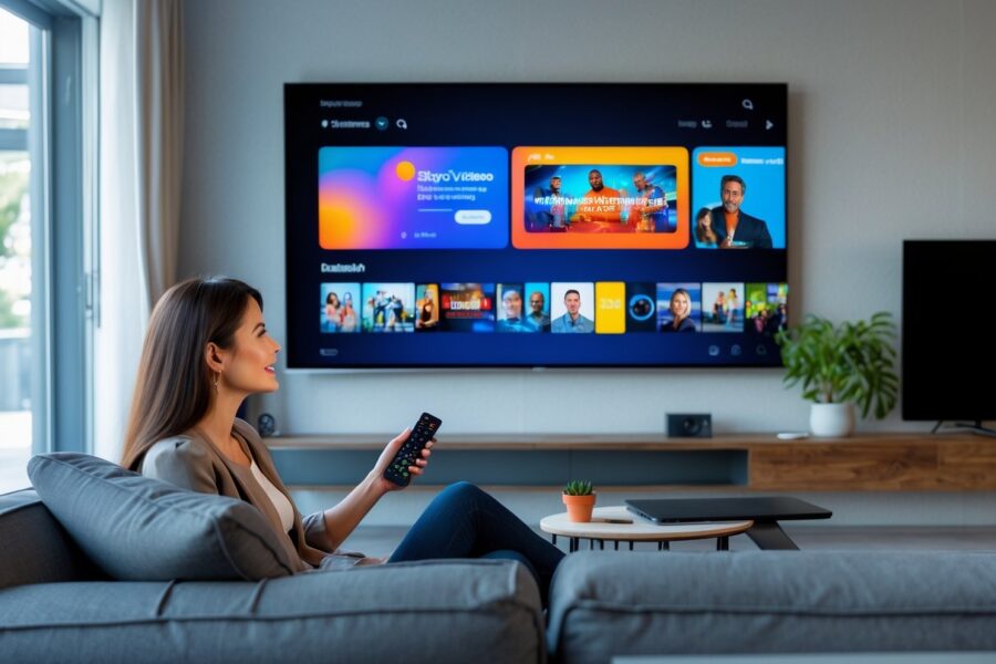 Mulher sentada em um sofá em uma sala de estar moderna assistindo TV com controle remoto na mão.