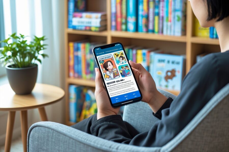Pessoa sentada em uma poltrona confortável lendo quadrinhos digitais em um smartphone, em um ambiente iluminado e acolhedor com estantes de livros ao fundo.