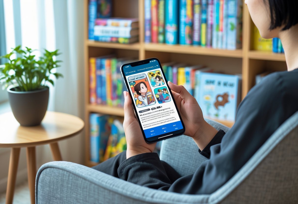 Pessoa sentada em uma poltrona confortável lendo quadrinhos digitais em um smartphone, em um ambiente iluminado e acolhedor com estantes de livros ao fundo.
