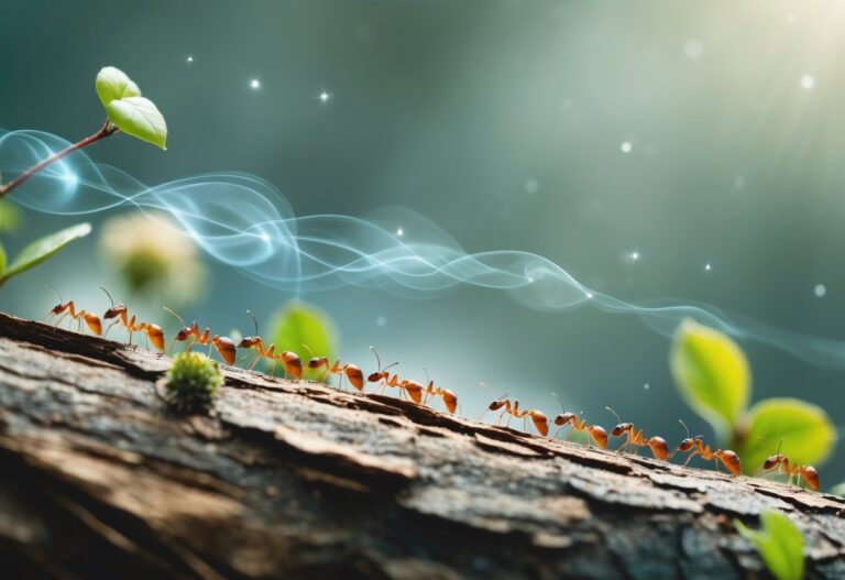 Uma trilha de formigas em uma superfície natural com luzes suaves ao redor, transmitindo um significado espiritual.