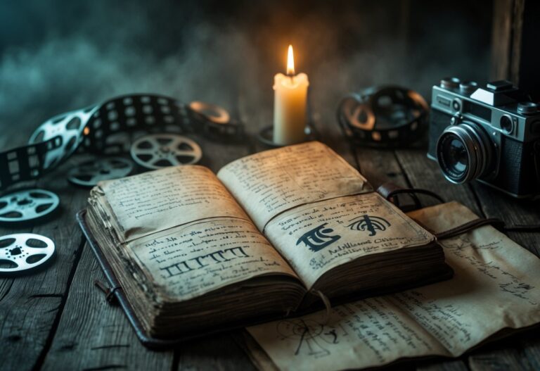 Um diário antigo aberto sobre uma mesa de madeira com anotações e símbolos misteriosos, cercado por rolos de filme vintage, uma vela acesa e uma câmera antiga, em um ambiente escuro e nebuloso.