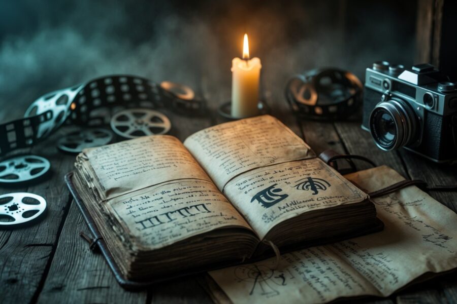 Um diário antigo aberto sobre uma mesa de madeira com anotações e símbolos misteriosos, cercado por rolos de filme vintage, uma vela acesa e uma câmera antiga, em um ambiente escuro e nebuloso.