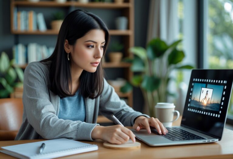 Mulher sentada em uma mesa de escritório assistindo a um vídeo explicativo sobre filme em um laptop, com um caderno e café ao lado.