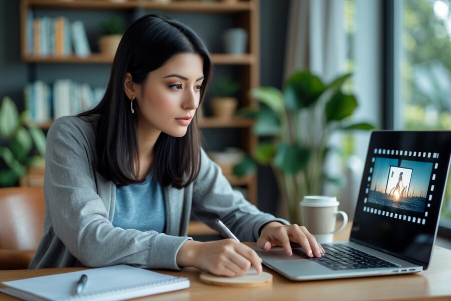 Mulher sentada em uma mesa de escritório assistindo a um vídeo explicativo sobre filme em um laptop, com um caderno e café ao lado.