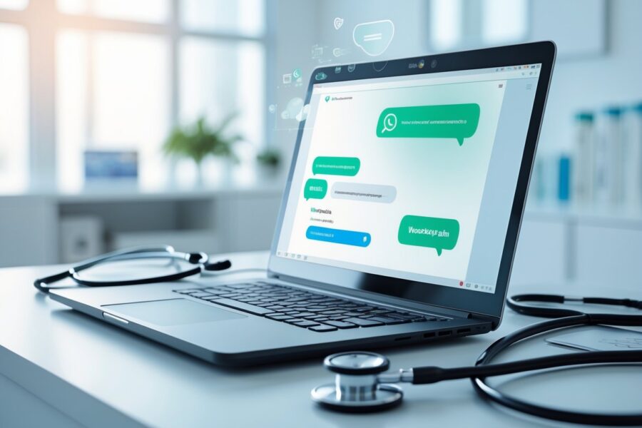 Mesa de trabalho moderna com laptop aberto mostrando uma interface de chat, um estetoscópio ao lado e ambiente de escritório claro e organizado.