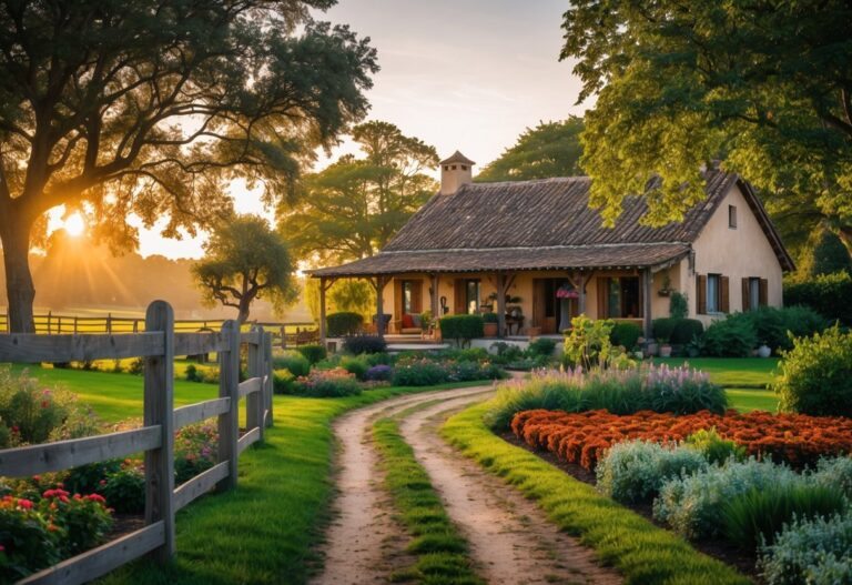 Casa rústica cercada por árvores, flores e jardim bem cuidado em uma área rural tranquila durante o pôr do sol.