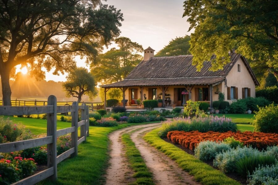 Casa rústica cercada por árvores, flores e jardim bem cuidado em uma área rural tranquila durante o pôr do sol.