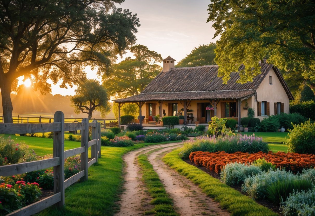 Casa rústica cercada por árvores, flores e jardim bem cuidado em uma área rural tranquila durante o pôr do sol.