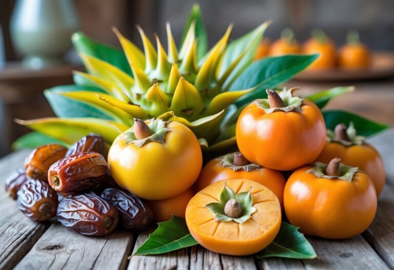 Uma variedade de frutas que começam com a letra D, incluindo tâmaras, pitayas e caquis, dispostas sobre uma mesa de madeira.