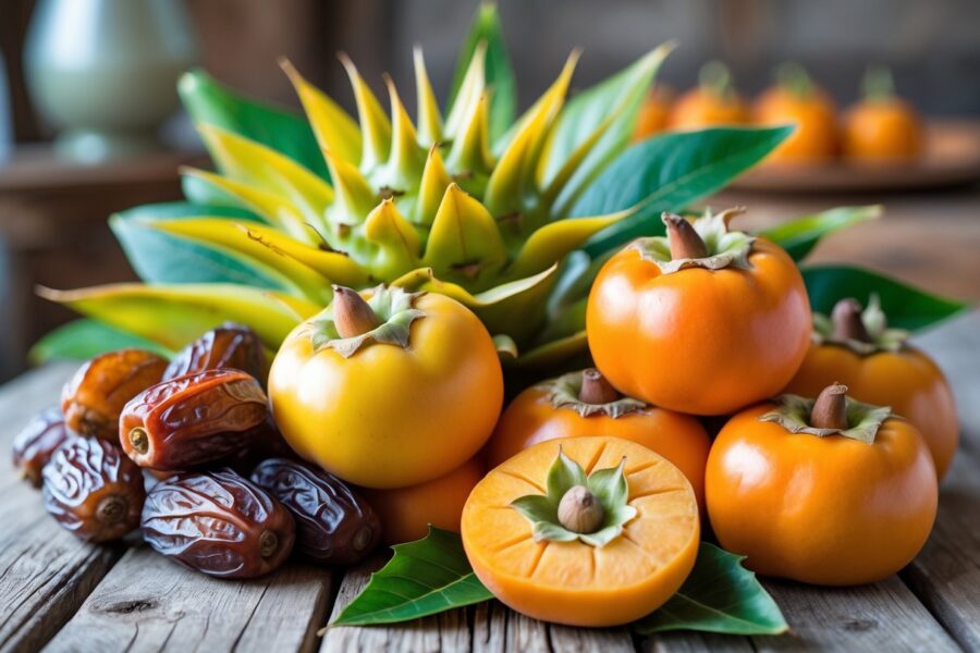 Uma variedade de frutas que começam com a letra D, incluindo tâmaras, pitayas e caquis, dispostas sobre uma mesa de madeira.