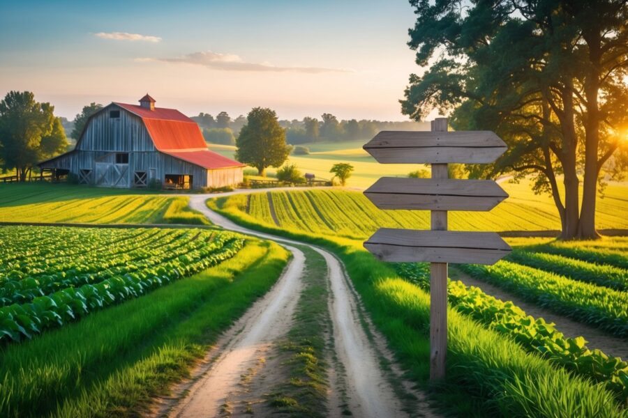 Paisagem de fazenda com campos verdes, celeiro rústico, caminho de terra e placa de madeira com várias placas em branco apontando em direções diferentes.