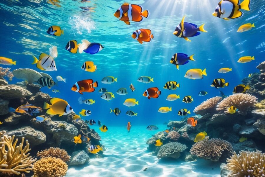 Peixes coloridos e diversos nadando em um recife de coral sob a água clara do oceano.